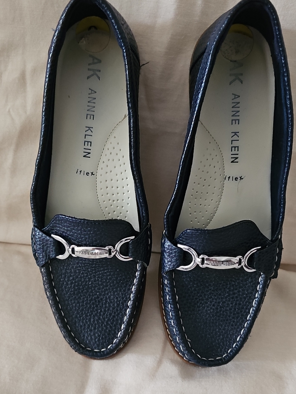 Anne Klein Navy Pebbled Loafers with Silver Bit